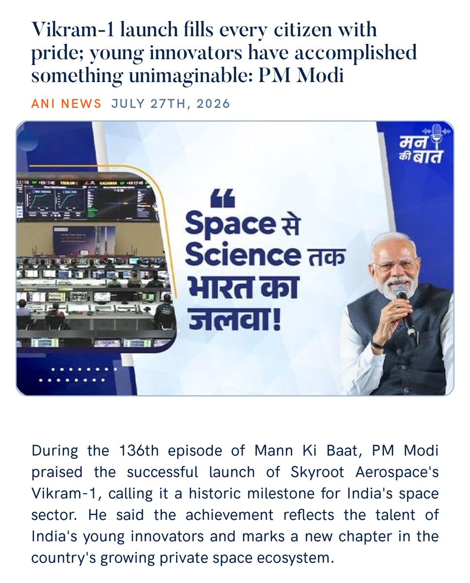 PMOIndia's tweet photo. Vikram-1 launch fills every citizen with pride; young innovators have accomplished something unimaginable: PM @narendramodi 

#MannKiBaat

https://t.co/OSNQAkvo67 

via NaMo App https://t.co/CeAIgAj9tf