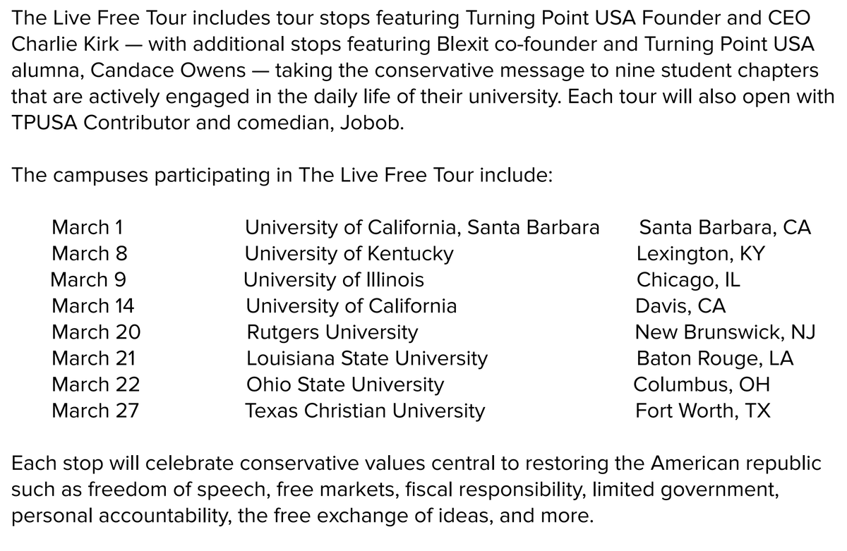 Trillion0x's tweet photo. Charlie Kirk tabling events 2023 -2025.

2023:
~Oct 3: University at Albany (Candace Owens-led stop noted)  
Oct 19: Missouri State University  

Free America Tour (church-focused):
March–April stops including Grace Woodlands (Houston), GR Church (Grand Rapids), Destiny Christian Church (Rocklin, CA), His House Nashville.