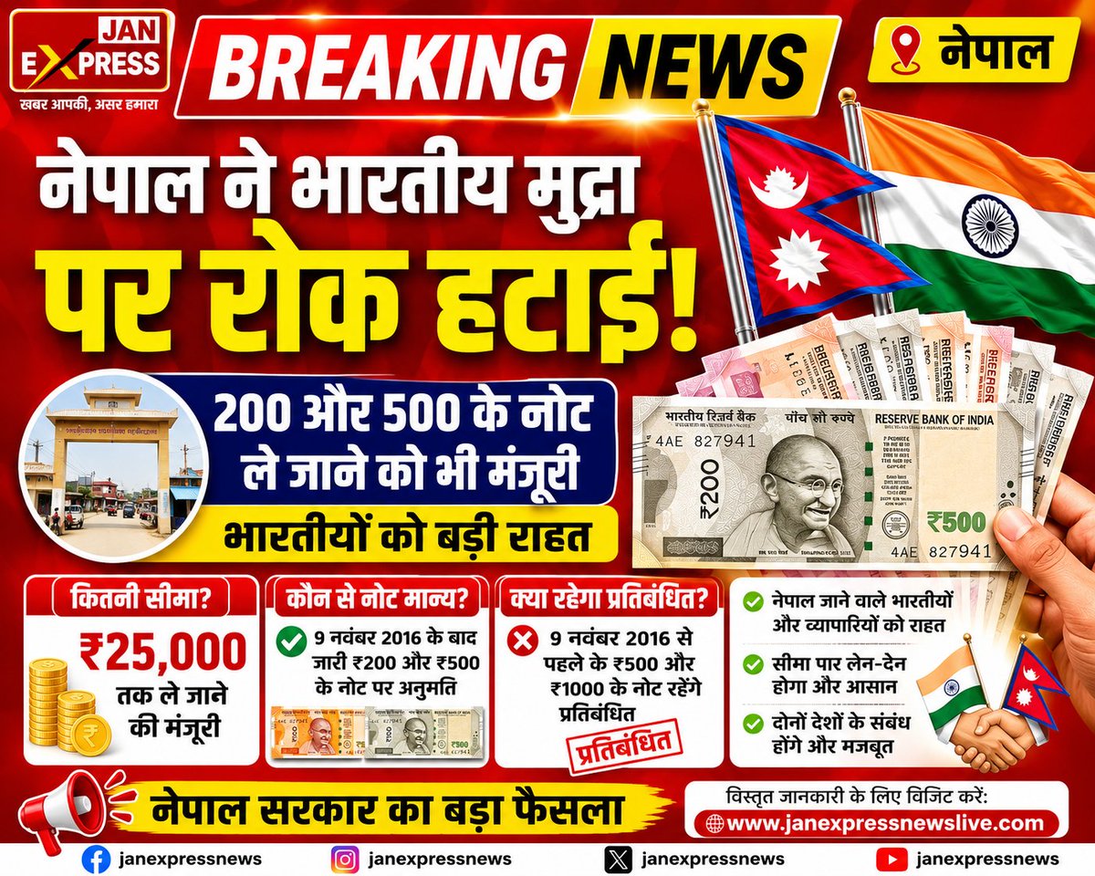 JanExpressNewsM's tweet photo. 🇳🇵 नेपाल सरकार का बड़ा फैसला! भारतीय मुद्रा पर लगी रोक हटाई
💵 अब ₹200 और ₹500 के नोट भी नेपाल ले जाने और लाने की मंजूरी
✔️ भारतीय पर्यटकों को बड़ी राहत
✔️ भारत-नेपाल सीमा पर व्यापार होगा आसान
✔️ सीमा क्षेत्र के लोगों को मिलेगा सीधा फायदा
#BreakingNews #Nepal #IndianCurrency https://t.co/qEYy2ZFmke
