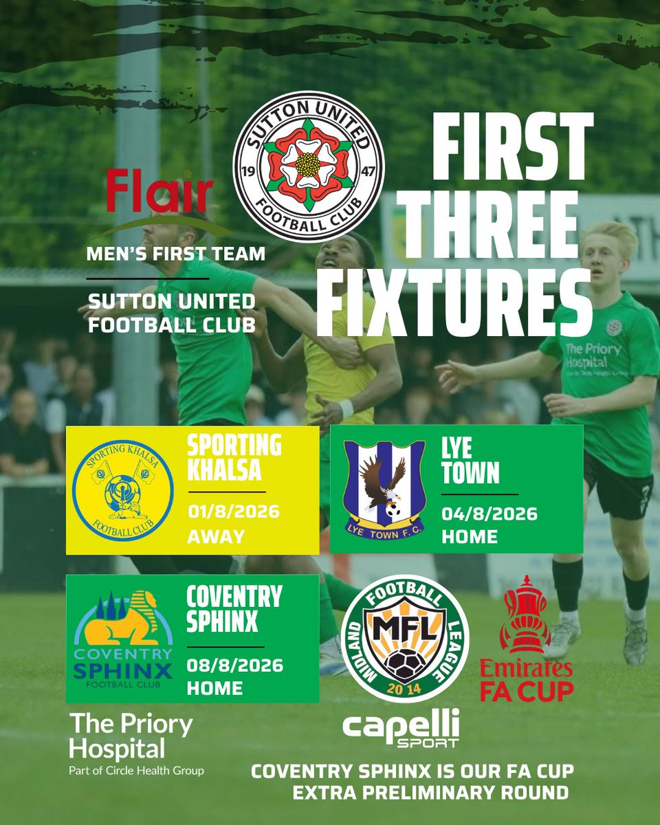 SuttonUtdFC's tweet photo. ⏳ 5 days to go.
History awaits as Sutton United prepare for our first-ever Step 5 campaign.
It all starts away at Sporting Khalsa. 💚
#GreenArmy #SUFC #Step5 https://t.co/0lykHxP1ih