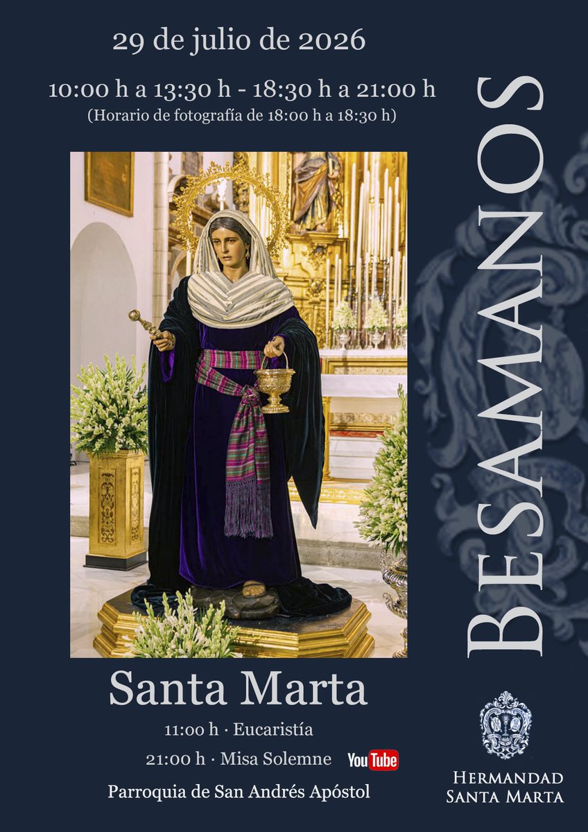 info_cofrade's tweet photo. 📰 Horarios del besamanos y función a Santa Marta con motivo de su próxima festividad. #CharitasChristiUrgetNos #SantaMarta26

📸: @HdadSantaMarta https://t.co/oLZALBLll7