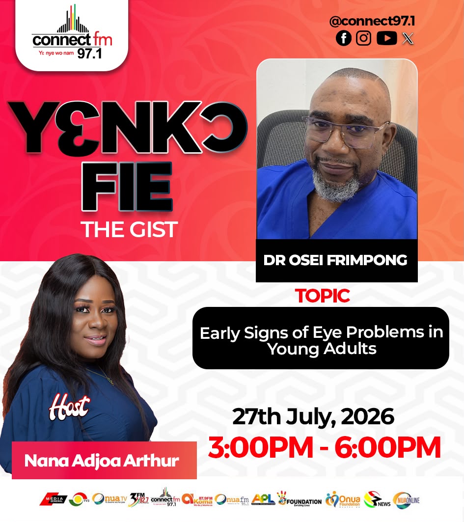 Connect971fm's tweet photo. Young adults are increasingly facing eye health issues. Don't miss today's edition of Yenkor Fie (The Gist) as Host Nana Adjoa Arthur sits down with Dr. Osei Frimpong to discuss "Early Signs of Eye Problems in Young Adults."

#TheGist https://t.co/i0A55jVVcP