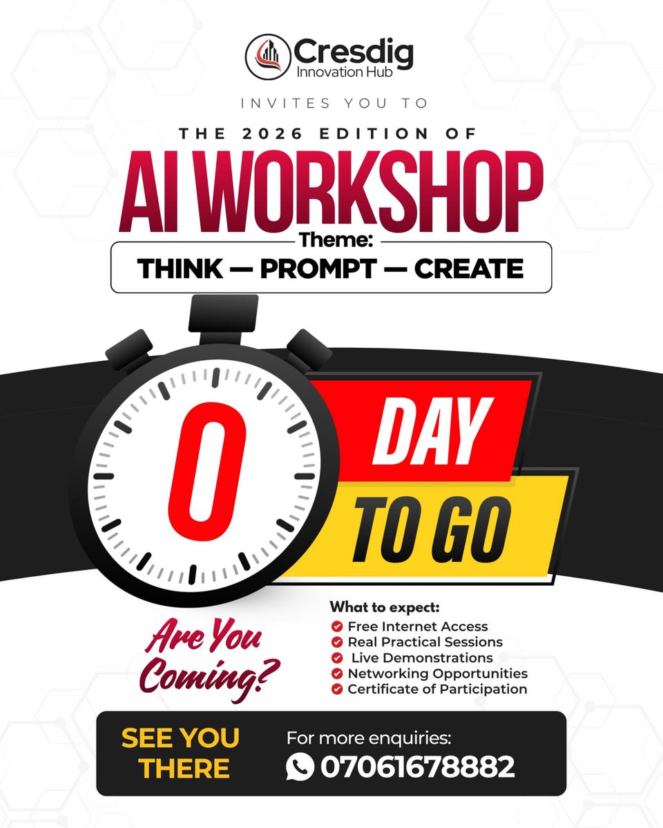 cresdig's tweet photo. I no dey joke with my sleep, but not when valuable thing dey happen!😴

Today na the day! The AI workshop don arrive!🔥

Cresdig Innovation Hub don set the table, na only you remain to show face.

Register now: https://t.co/cvGRTdet97 https://t.co/yZoXBzIOTB