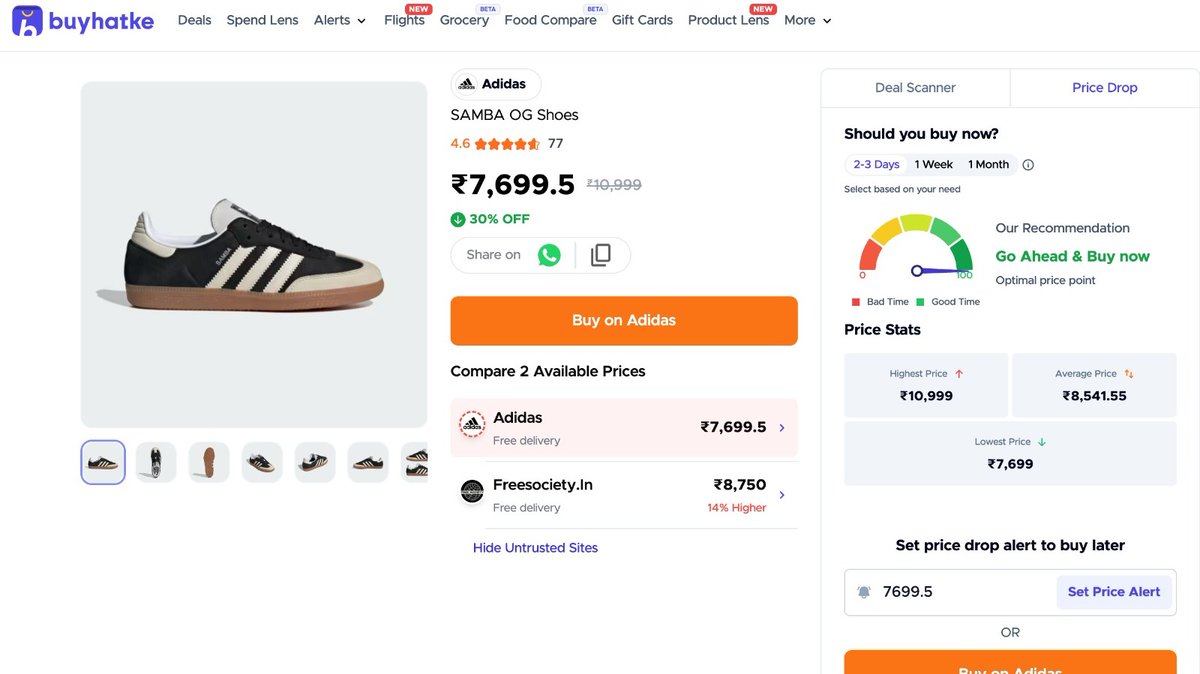 Arhantt_pvt's tweet photo. EPIC HATKE STEAL ALERT! 

Adidas SAMBA OG Shoes at ₹7,699.5 its lowest ever!

Highest: ₹10,999
Lowest: ₹7,699 (30% OFF) 🔥

Deal Score: Iconic Samba silhouette at a genuinely rare price point