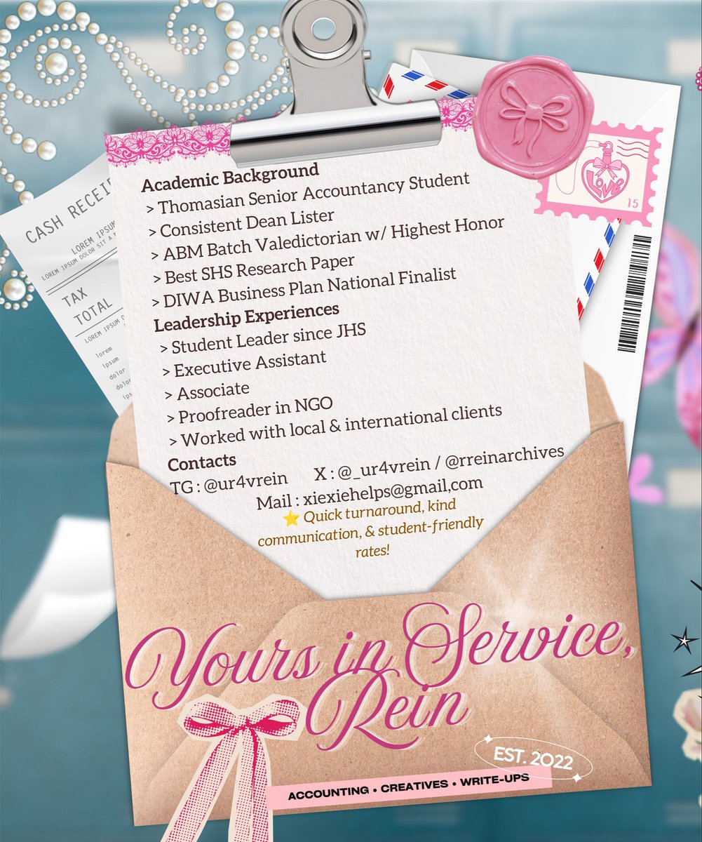 _ur4vrein's tweet photo. ☘︎ 1111 🧧

deadlines piling up? requirements stressing you out? i’ve got you 🍀💌

welcome to rein archives ☁️

hi! i’m rein ♡ i offer reliable and student-friendly assistance for accounting, business, academic writing, research, data analysis, and creative tasks.

trusted by local & international clients since 2022.

📩 dm for inquiries, rates, and sample works.
🗂️ browse my media for previous commissions, client feedback, and vouches.