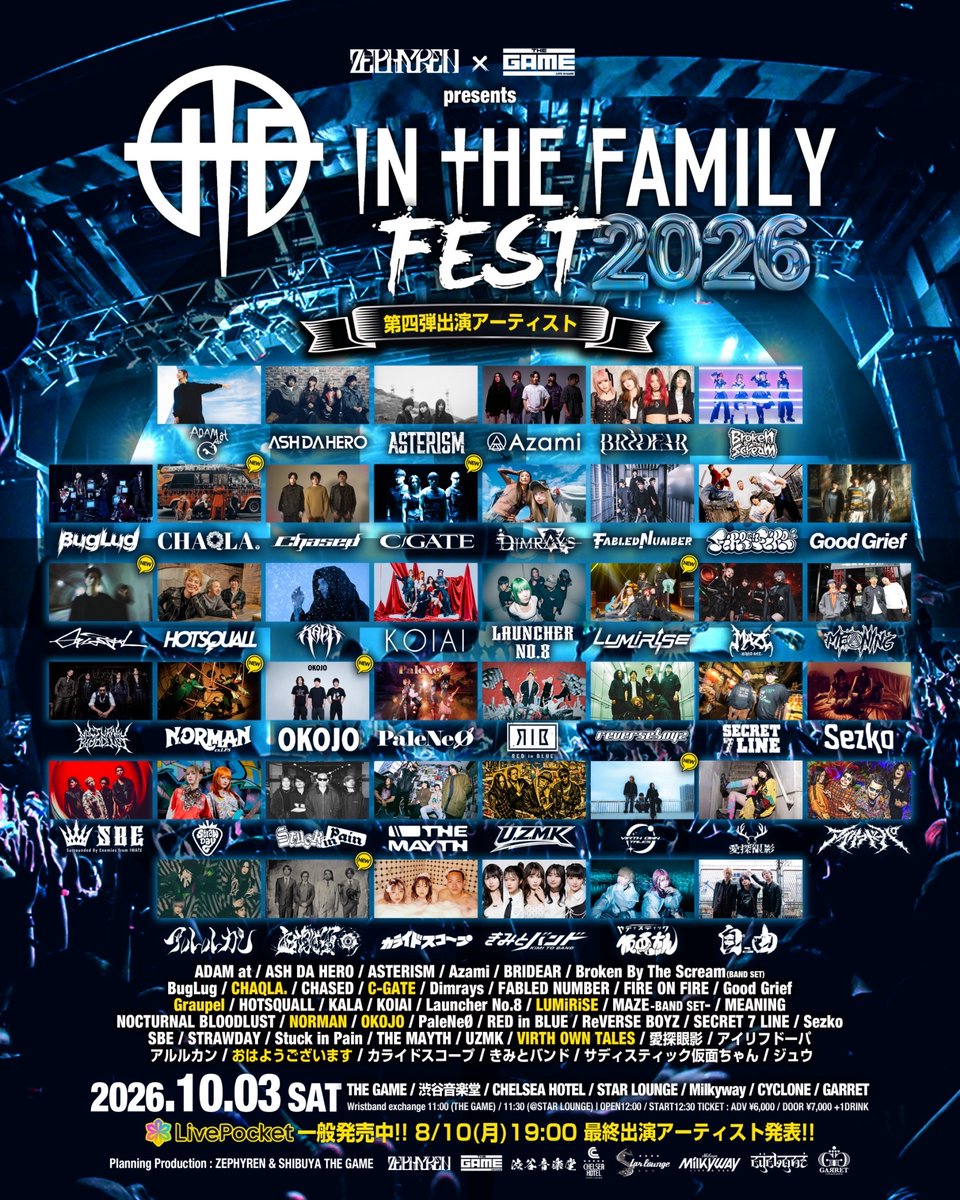 PaleNeO_info's tweet photo. 【ライヴ追加情報📣】
2026年10月3日(土)
ZEPHYREN × SHIBUYA THE GAME presents
『In The Family FEST 2026』

【🆕第四弾出演アーティスト🆕】8組
CHAQLA.
C-GATE
Graupel
LUMiRiSE
NORMAN
OKOJO
VIRTH OWN TALES
おはようございます
(AtoZ)

OPEN 12:00 / START 12:30
一般発売：ADV ¥6,000 / DOOR ¥7,000
(+1DRINK)

🎫Livepocket ※一般発売中！
https://t.co/wxNg5DmGrZ

会場：THE GAME / 渋谷音楽堂 / CHELSEA HOTEL / STAR LOUNGE / Milkyway / CYCLONE / GARRET / (7会場サーキット開催)

⚠️最初にリストバンドの受け取りをお願いいたします⬇️
11:00〜(THE GAME)
11:30〜(STAR LOUNGE)

#ITFF2026
#PaleNeØ #PaleNeO #パレネオ