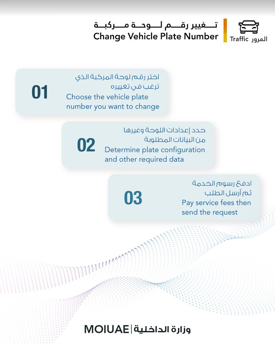 moiuae's tweet photo. غيير رقم لوحة مركبة
Change Vehicle
Plate Number

#وزارة_الداخلية_الإمارات 
#فخورين_بالإمارات 🇦🇪
#الامارات_أمن_وأمان
#MOIUAE
@uaedgov 

للدخول إلى الخدمة بشكل مباشر ، يرجى الضغط على الرابط التالي

To access the service directly, please click on the following link

https://t.co/nDyzxjTLJM