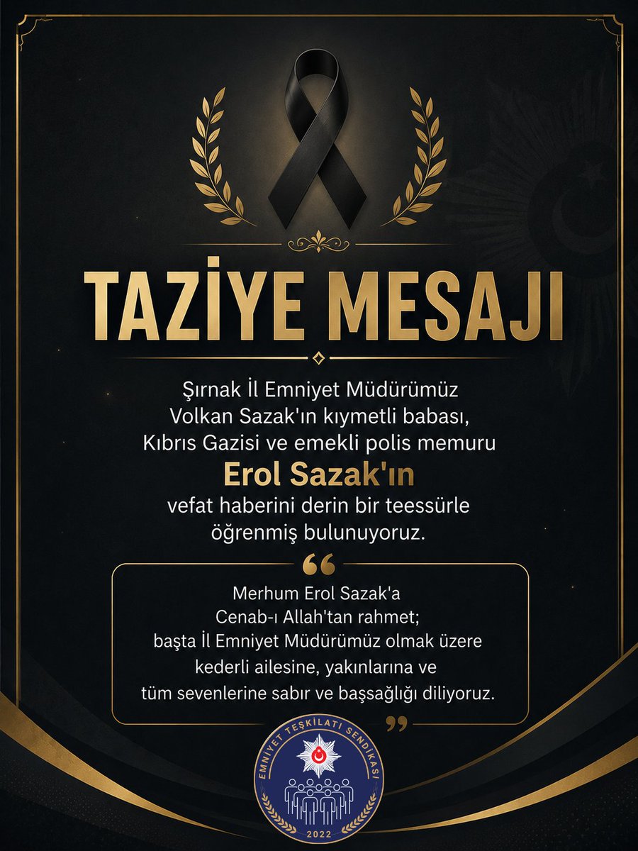 EmniyetTS's tweet photo. Şırnak İl Emniyet Müdürümüz Volkan Sazak'ın kıymetli babası, Kıbrıs Gazisi ve emekli polis memuru Erol Sazak'ın vefat haberini derin bir teessürle öğrenmiş bulunuyoruz.

Merhum Erol Sazak'a Cenab-ı Allah'tan rahmet; başta İl Emniyet Müdürümüz olmak üzere kederli ailesine, yakınlarına ve tüm sevenlerine sabır ve başsağlığı diliyoruz.

@EmniyetGM
@sirnakemniyet
@SirnakValiligi
@SendikaSirnak