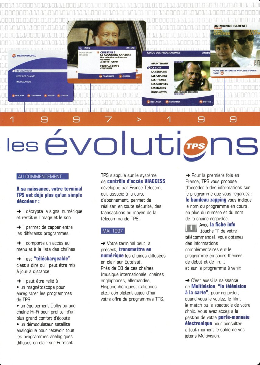 fellague's tweet photo. Après 5 ans d'existence, TPS envoyait à ses abonnés un flyer détaillant les étapes parcourues depuis le lancement de son décodeur en décembre 1996...
#TPS #TV #Satellite #HotBird #Eutelsat #OpenTV #Sagem #Décodeur #TV #Viaccess #Interactivité #Multivision #PPV #PayPerView #Radios #EPG #Guide #TVMail