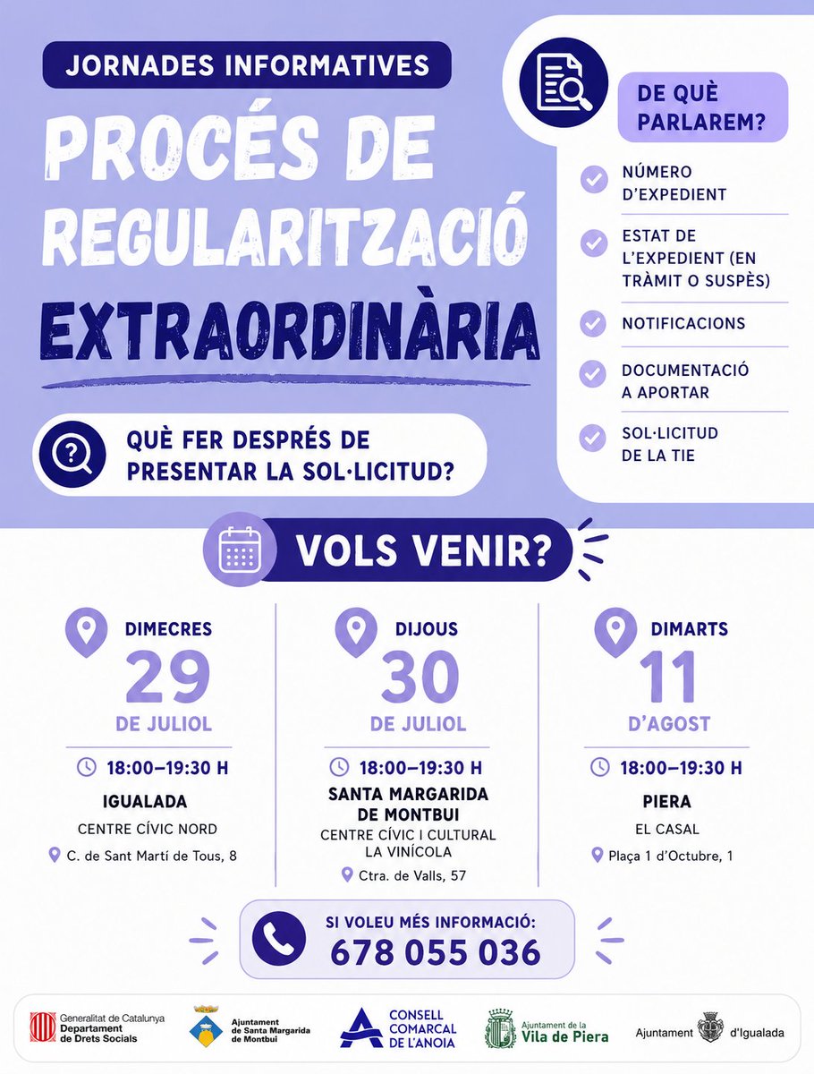 ConsellAnoia's tweet photo. 📢 Has presentat la sol·licitud de regularització extraordinària i tens dubtes sobre què passa ara?

El @ConsellAnoia organitza tres jornades informatives gratuïtes

📍 Igualada – 29 de juliol 
📍 Santa Margarida de Montbui – 30 de juliol
📍 Piera – 11 d’agost 

ℹ️ 678 055 036 https://t.co/dAMfoSKWzD