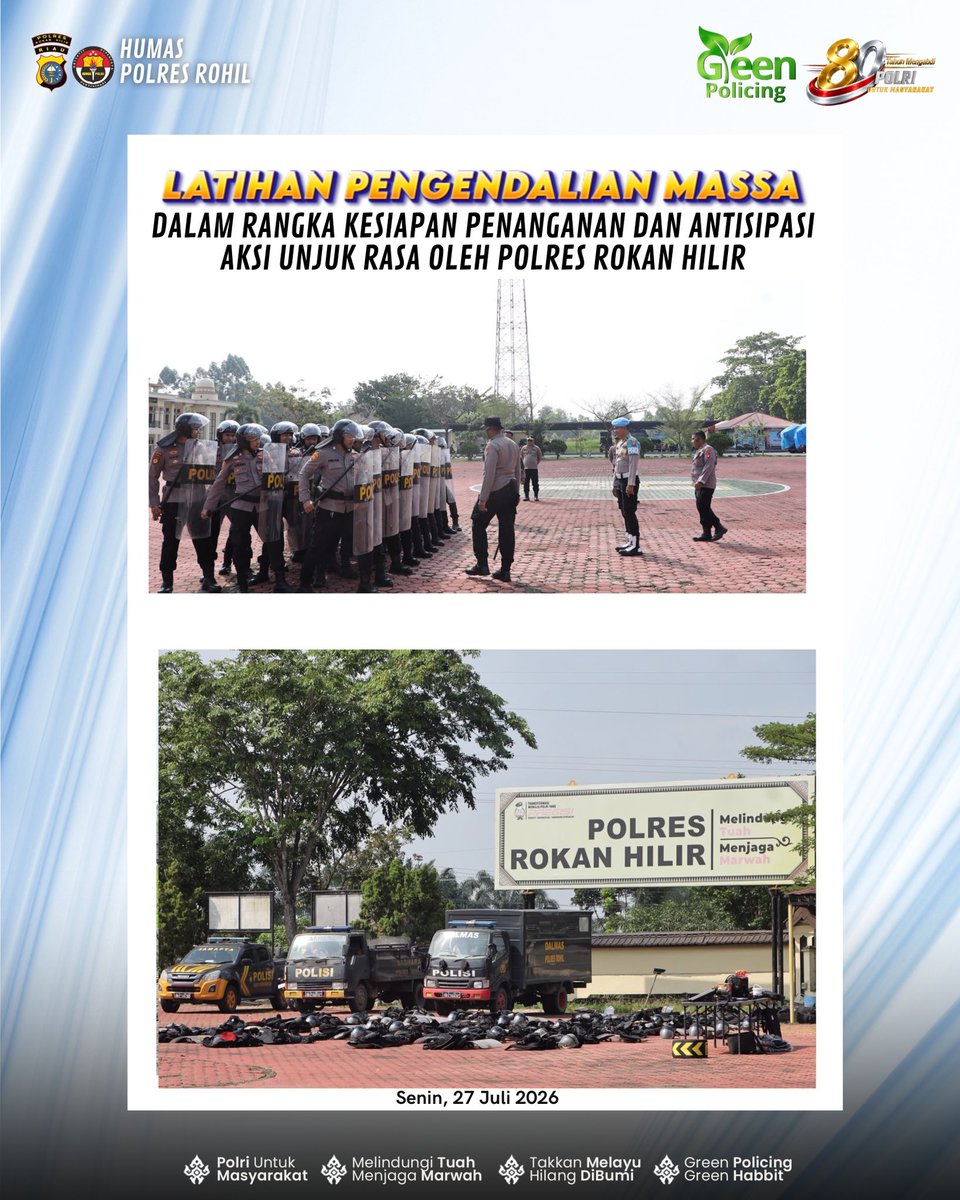 Humasres_Rohil's tweet photo. LATIHAN PENGENDALIAN MASSA (DALMAS)

Kesiapan personel merupakan kunci dalam menjaga situasi kamtibmas tetap aman dan kondusif. Polres Rokan Hilir melaksanakan latihan Pengendalian Massa (Dalmas) sebagai upaya meningkatkan kemampuan, disiplin, kekompakan https://t.co/xGZbS4Dbjm