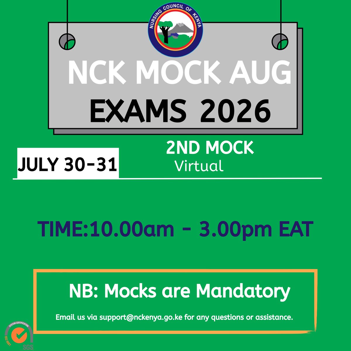 NCKenya's tweet photo. NCK invites all candidates preparing for the August 2026 Licensure Examination to participate in the 2nd Mocks Examination scheduled as follows:

🗓 Dates: 30th &amp; 31st July 2026
⏰ Time: 10:00 a.m. – 3:00 p.m. (EAT) https://t.co/iVdfKCzdyX