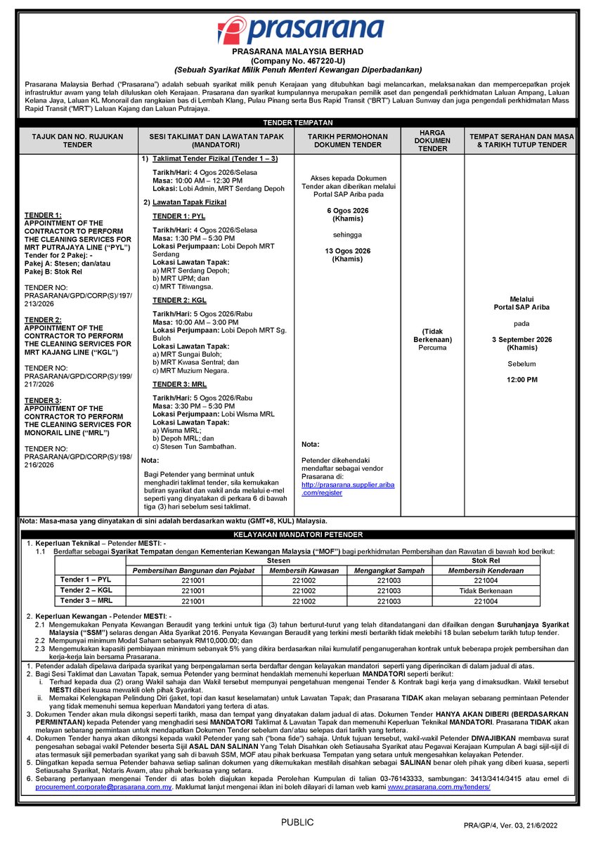 myrapidkl's tweet photo. Kenyataan Tender

“APPOINTMENT OF THE CONTRACTOR TO PERFORM THE CLEANING SERVICES FOR MRT PUTRAJAYA LINE (PYL), MRT KAJANG LINE (KGL) AND MONORAIL LINE (MRL)”

Untuk maklumat lanjut, sila layari laman web di https://t.co/CklJKiWMjk https://t.co/a1i3M6dNtq