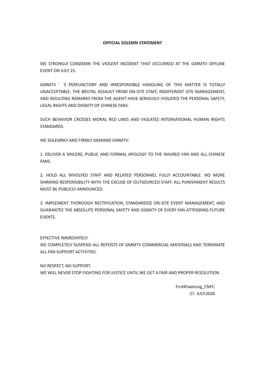 Firstkt_CNFC's tweet photo. OFFICIAL SOLEMN STATEMENT

#StopViolenceAgainstFans
 #แบนgmmtv https://t.co/OSVM7SP62m