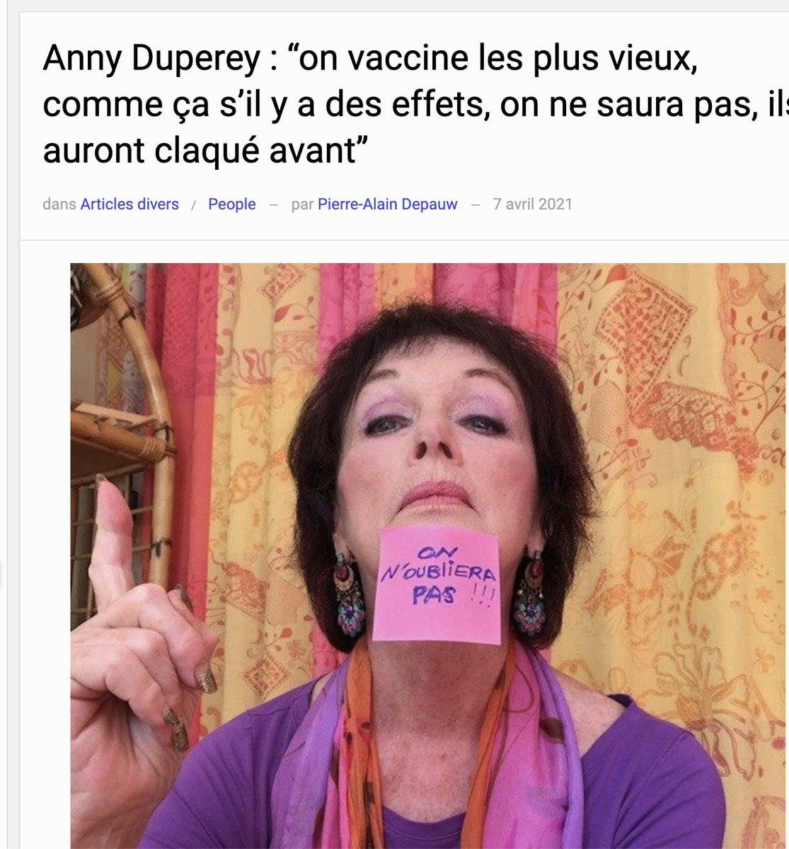 NiONiPardon's tweet photo. 02/2021 L'actrice Anny Duperey exprime ses réticences face aux vaccins Covid-19, qu'elle juge « complètement expérimentaux ». À propos de la priorité donnée aux personnes âgées, elle déclare : « Alors c'est pratique, on vaccine les plus vieux, comme ça s'il y a des effets, on ne saura pas, ils auront claqué avant. » Elle dit préférer « attendre » avant de se faire vacciner, sans pour autant décourager ceux qui le souhaitent.

https://t.co/wPkjg4lt1j