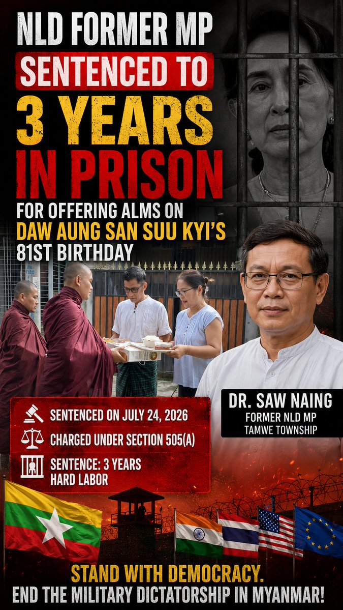 Myanmar_Watch12's tweet photo. 🚨Myanmar's military has sentenced former NLD MP Dr. Saw Naing to 3years in prison after he offered alms and prayers on Daw Aung San Suu Kyi's 81st birthday. The case is drawing fresh attention to political repression. #Myanmar #AungSanSuuKyi #HumanRights #WhatsHappeningInMyanmar https://t.co/HN00qeQlEb