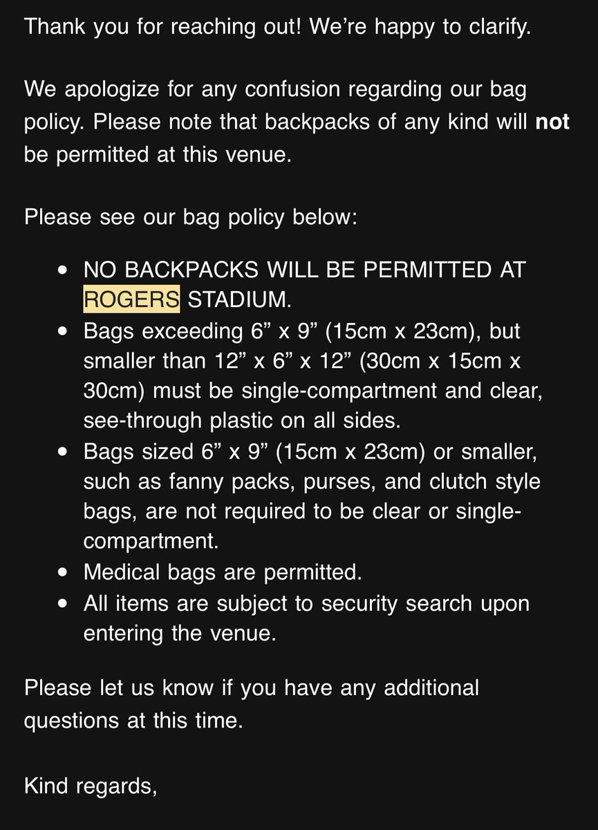 MiniVminie7's tweet photo. @Radiopants_BTS7 @yoongi4ebbah @HobiCasa i already asked about it cuz i have a bad shoulder and don’t want to carry a crossover bag and they said backpacks of any kind, including clear ones, are not permitted :( https://t.co/uflGZ4VvTe