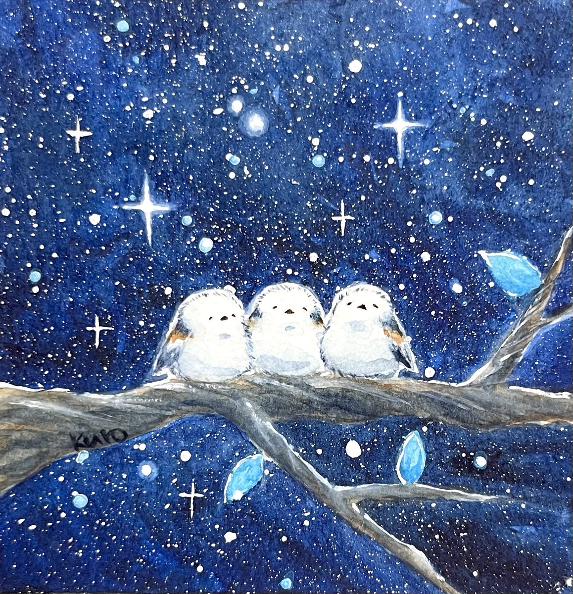 Post by kuro 水彩画家 on X 夜空とシマエナガ
