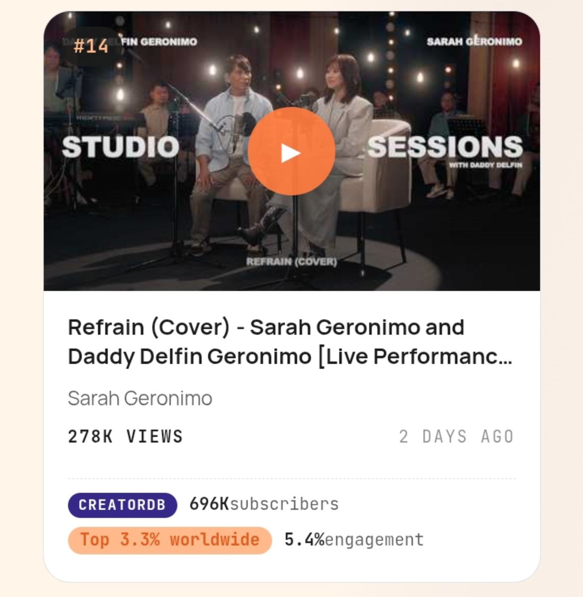 sarahgsnippets's tweet photo. Sarah Geronimo and Daddy Delfin Geronimo's"Refrain" cover is #14 on YouTube Philippines Trending Music.

@JustSarahG @mateoguidicelli @gproductionsph @marsetalk https://t.co/sa7INBd6Du