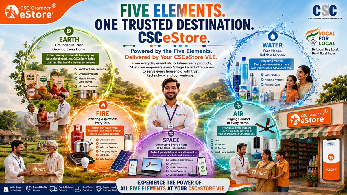 CSCeStore's tweet photo. Five Elements. One Trusted Destination. One VLE. One CSCeStore.
Visit your nearest CSCeStore VLE and experience the power of all five elements in one place.
@CSCegov_ #digitalindia #cscvle https://t.co/AWN6mDoTYe
