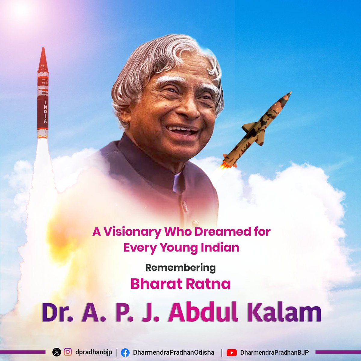 dpradhanbjp's tweet photo. On the death anniversary of Bharat Ratna Dr. A. P. J. Abdul Kalam, we pay heartfelt tributes to the People's President, an eminent scientist and an extraordinary teacher.

His unwavering belief in the power of education, innovation and youth continues to illuminate India's journey towards a developed nation.