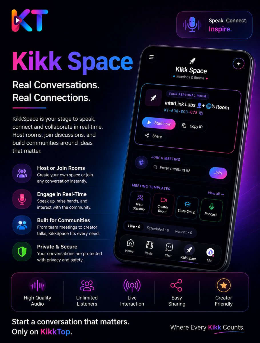 KikkTop's tweet photo. 🚀 Introducing KikkSpace – Where Conversations Come Alive

KikkSpace is more than just a live audio room—it's a place where ideas are shared, communities are built, and meaningful conversations happen in real time.

Whether you're hosting an AMA, discussing trending topics, networking with professionals, or engaging with your community, KikkSpace provides a seamless platform to connect with people from around the world.

Why KikkSpace?
🎙️ Live Audio Discussions
🤝 Community Engagement
💡 Knowledge Sharing
🌍 Global Networking
🚀 Real-Time Interaction

Every great community starts with a conversation. Join KikkSpace and be part of discussions that inspire, educate, and connect people across the globe.

KikkSpace – Speak. Connect. Inspire.

#KikkTop #KikkSpace #SocialMedia #Community #Creators #LiveAudio #Innovation #WhereEveryKikkCounts