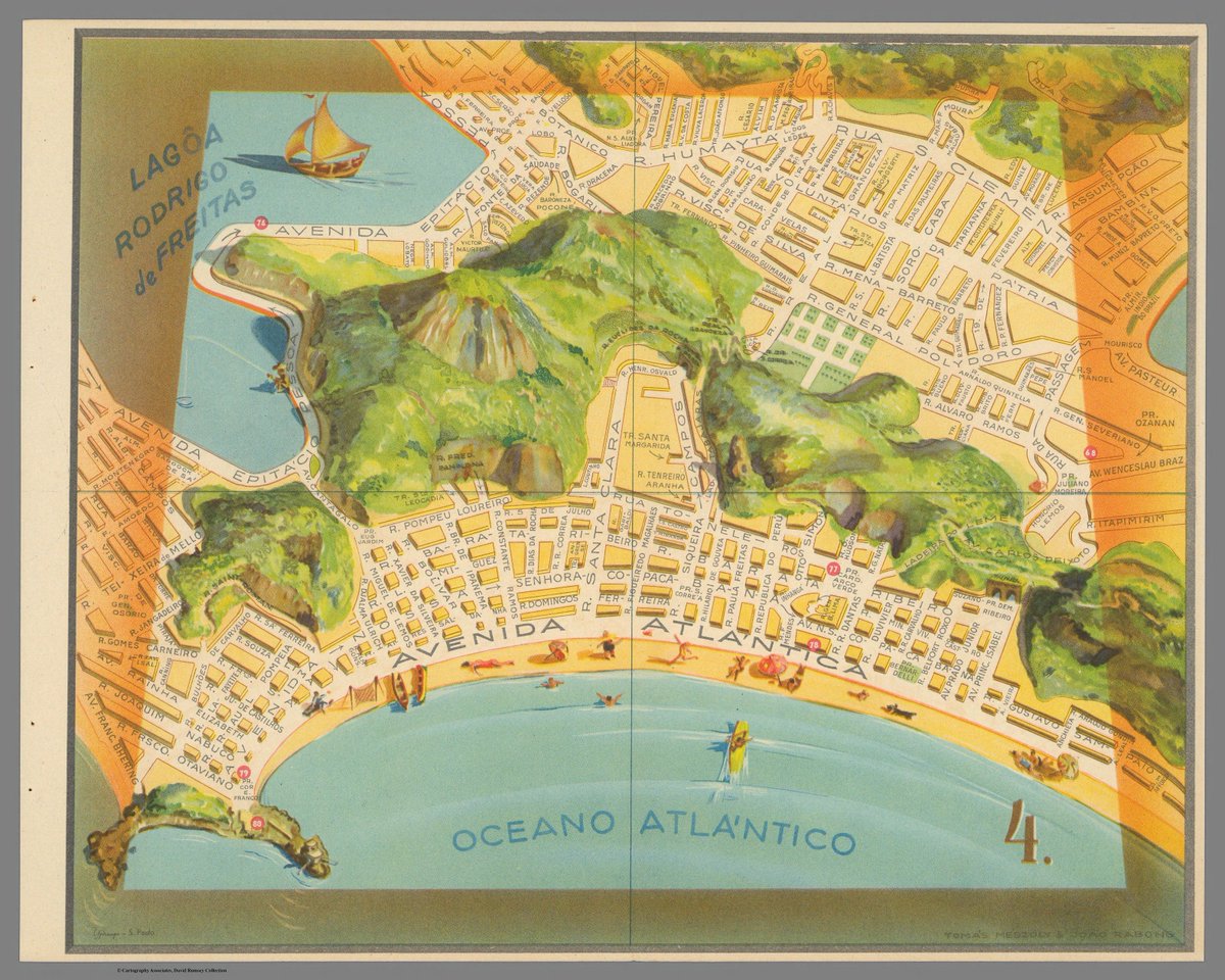 simongerman600's tweet photo. This beautiful 1934 map captures Copacabana just as it was emerging into one of the world's great beachfronts. Elegant typography, vibrant colours and a wonderfully optimistic vision of Rio. Vintage cartography at its finest. Source: https://t.co/WASxG46og4 https://t.co/tgm0BiIqdt