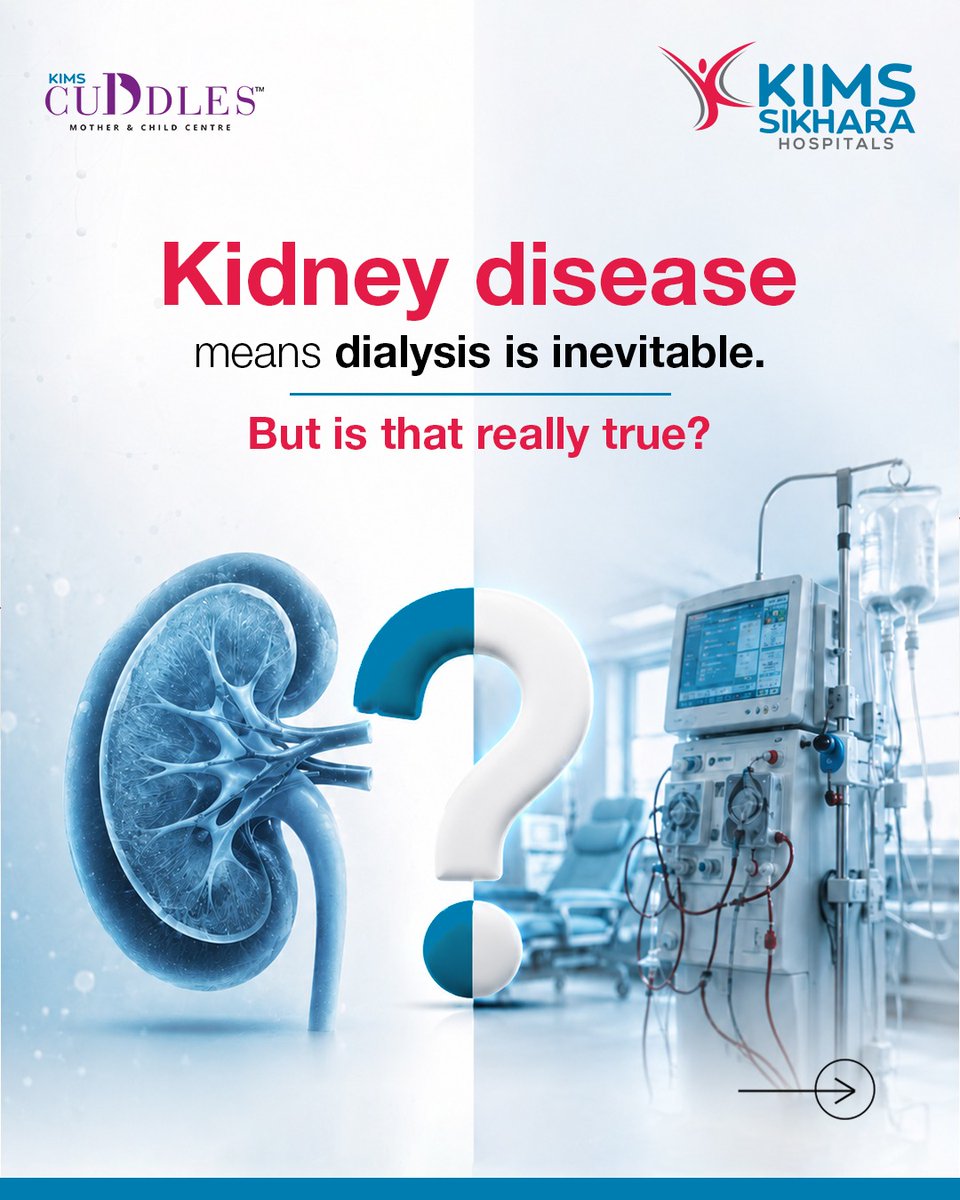 KimsSikhara's tweet photo. A kidney disease diagnosis doesn't mean dialysis is inevitable. It depends on disease stage, function and health. Early understanding and management can preserve kidney function. Consult KIMS Sikhara Hospitals for expert care. 

#KIMSSikhara #KidneyCare #DialysisAwareness https://t.co/iXksP8zWWE