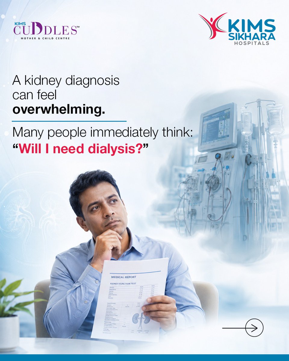 KimsSikhara's tweet photo. A kidney disease diagnosis doesn't mean dialysis is inevitable. It depends on disease stage, function and health. Early understanding and management can preserve kidney function. Consult KIMS Sikhara Hospitals for expert care. 

#KIMSSikhara #KidneyCare #DialysisAwareness https://t.co/iXksP8zWWE