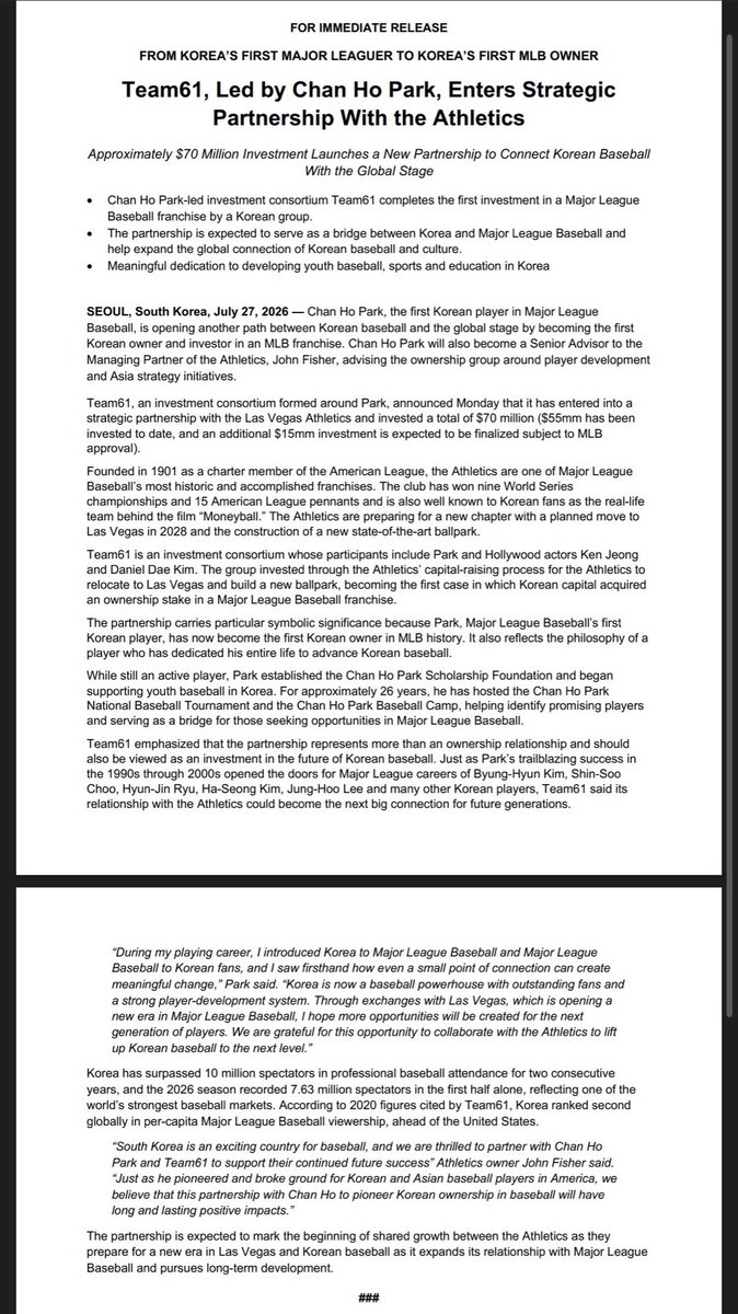 MartinJGallegos's tweet photo. A’s announce new investment group including former Major League pitcher Chan Ho Park and BTS member Suga has entered a strategic partnership with the club. https://t.co/hOroKSQOPB