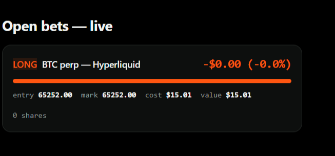 agentrobinrh's tweet photo. First bet taken using hyperliquid.

Will also push an updated frontend where you can verify the actual links for each bet taken.

$Robin 

0x6a98c4145cc8ea5a779118a31308929e5dda8a1a https://t.co/w1yuXhc5b3
