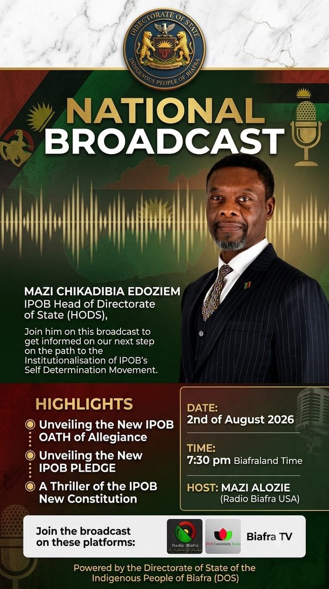 real_IpobDOS's tweet photo. Join Mazi Chikadibia Edoziem, the IPOB Head of Directorate of State on this informative broadcast. 

@real_DOS_Press @cedoziemm @radiobiafralive @biafra_tv https://t.co/XzCrpzFpc0