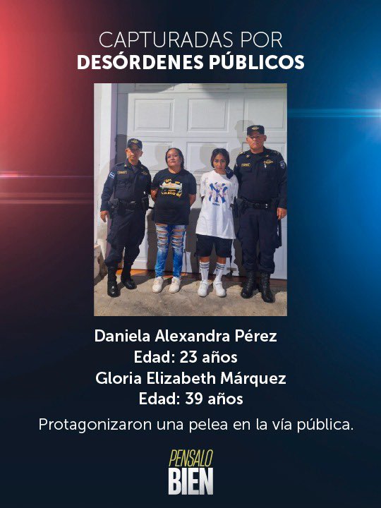 PNCSV's tweet photo. Estas dos mujeres protagonizaron una pelea en la vía pública en medio de un baile que se realizaba en el barrio El Calvario, Chilanga, Morazán Sur. 

El hecho quedó grabado y fue difundido, pero nuestros equipos que brindaban seguridad en el evento las capturaron al instante. 

Fueron identificadas como: 

▫️Daniela Alexandra Pérez Ventura, de 23 años de edad

▫️Gloria Elizabeth Márquez, de 39 años

Ambas serán remitidas por el delito de desórdenes públicos. 

Los actos de violencia no están permitidos en El Salvador.

Pensalo bien.