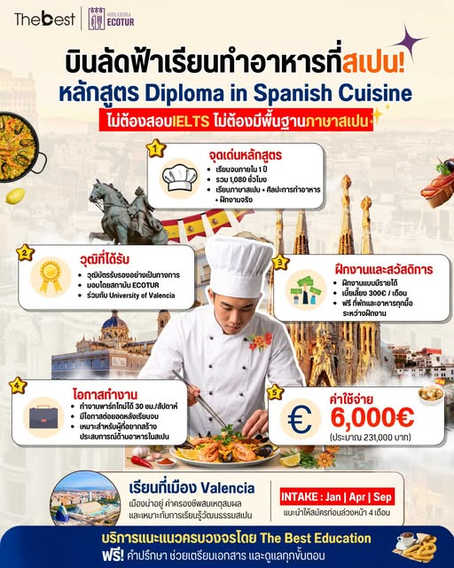 TheBest_Edu's tweet photo. 🇪🇸 อยากเป็นเชฟอินเตอร์? 🍳
เรียน Diploma in Spanish Cuisine ที่ ECOTUR สเปน 1 ปี
✅ ไม่ใช้ IELTS
✅ มีภาษา + ทำอาหาร + ฝึกงาน
🏠 ฝึกงานมีที่พัก/อาหาร + €300/เดือน
LINE: @thebestedu
#เรียนต่อสเปน #เรียนเชฟ #StudyAbroad #TheBestEdu https://t.co/CYA5dh4Xhy