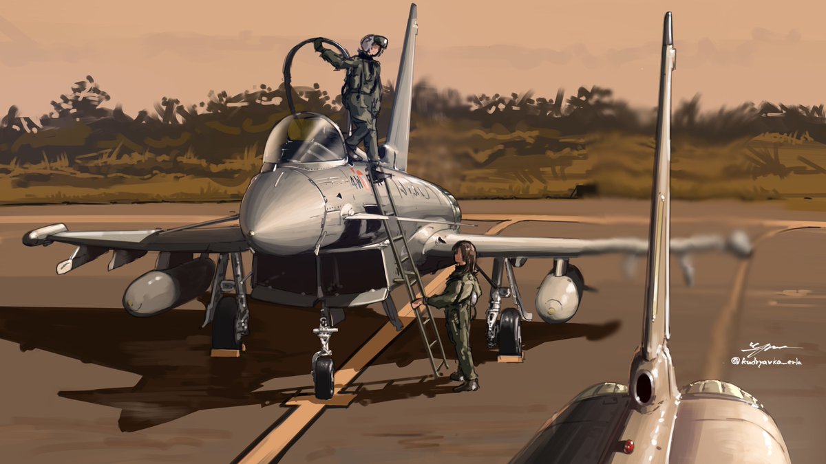 _kudryavka_erla's tweet photo. お待たせしました！Skeb納品しました
お馴染みオーストリア空軍のタイフーンです。いつもありがとうございます
まず1枚目、帰投して機体から降りるシーン、夕暮れです https://t.co/IORtdqPQ54