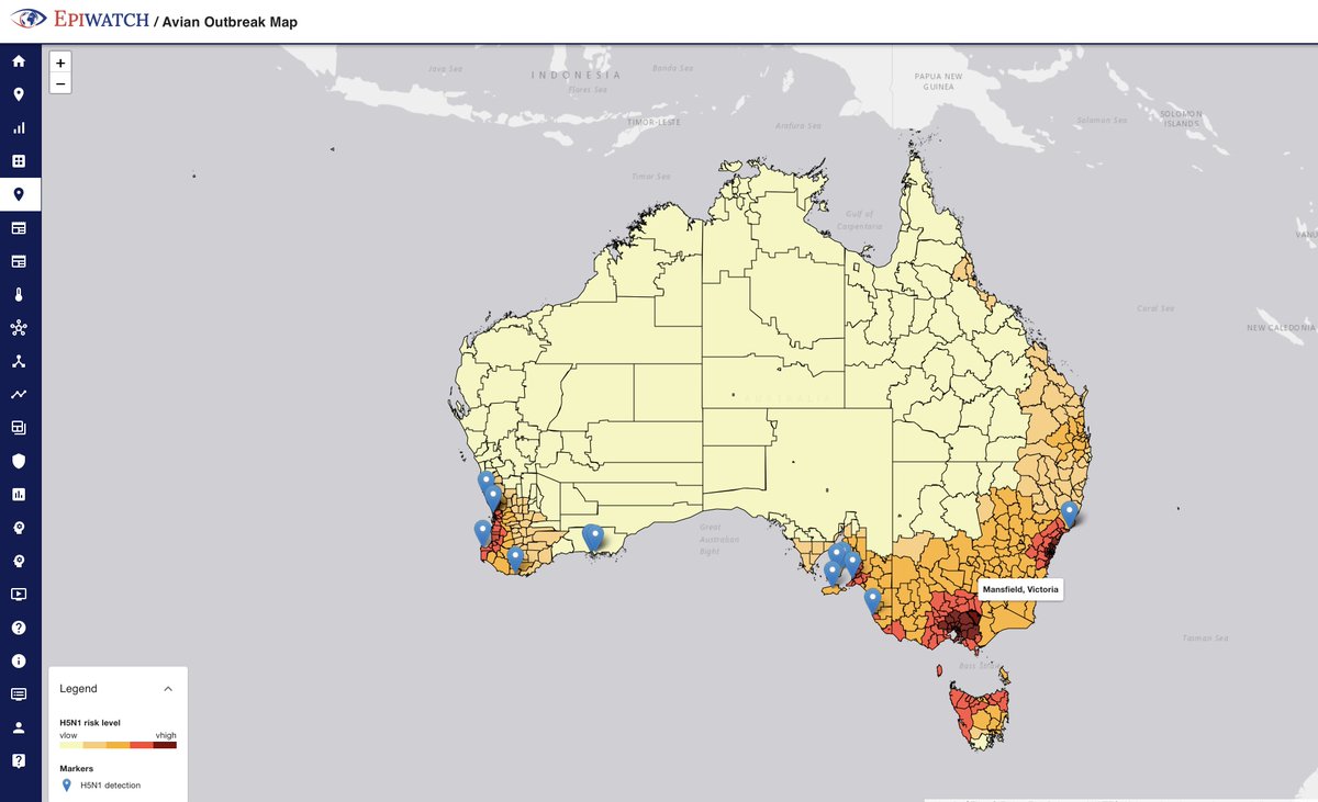 Globalbiosec's tweet photo. More suspected #H5N1 in Australia today. Our PhD student Pan Zhang was studying the risk of H5N1 to Australia before it reached us. Here is our interactive map predicting where #poultry outbreaks are likely to occur using a Maxent model. Click the arrow at top RHS to see data layers. Hover over areas to see names. 
https://t.co/tEAueDqy3V