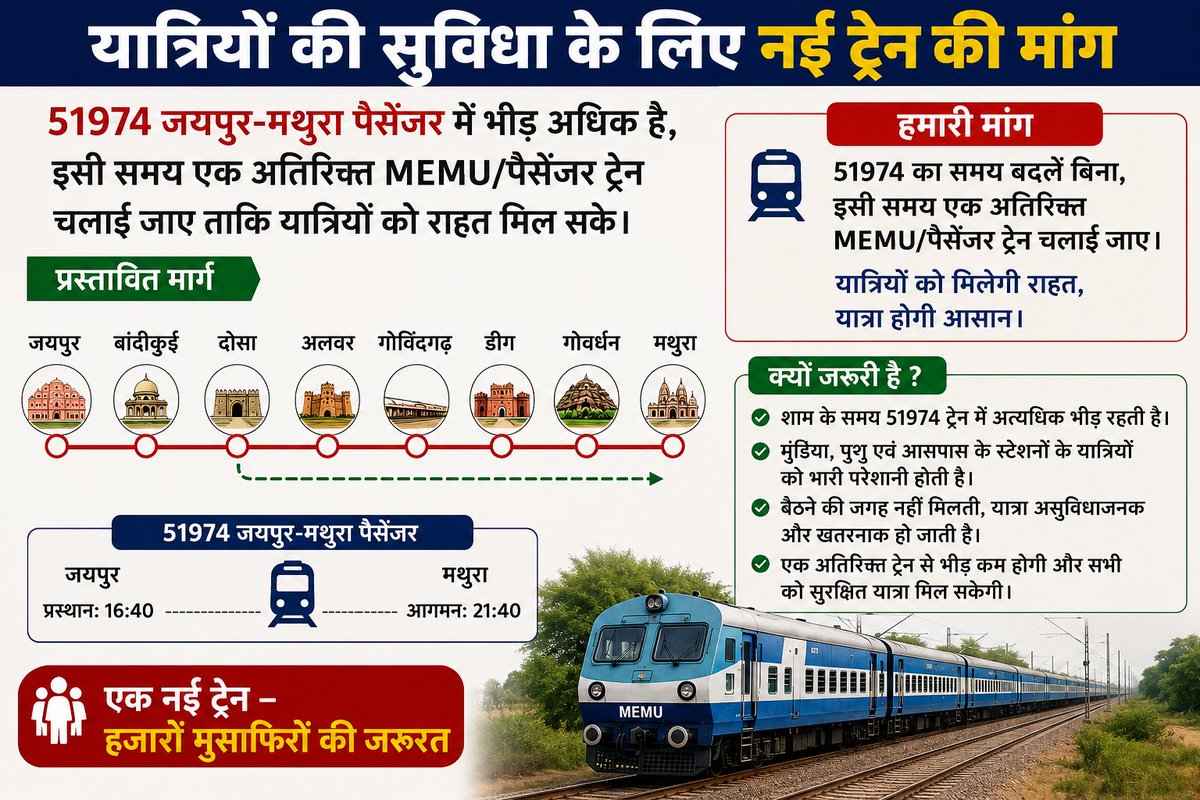 GOVINDGARH_GVH's tweet photo. 51974 का समय नहीं, इसी समय एक अतिरिक्त MEMU/पैसेंजर ट्रेन चाहिए। यात्रियों को राहत मिलेगी।
#AlwarJunction https://t.co/9WJsikre1e