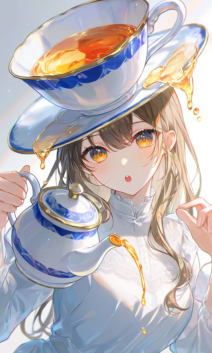 tryholonica's tweet photo. 意外と使えるかもしれないプロンプト（PixAI Tsubaki.2）

｢teacup hat｣
ティーカップを帽子のように頭へ載せたデザイン。
お茶会をモチーフにした奇抜な装飾を表現できます。 

｢pouring tea｣
紅茶などを注ぐ動作。
ティーポットを傾ける、上品な仕草に使えます。

｢tea spilling from hat｣
帽子から紅茶がこぼれている状態。
頭のティーカップから紅茶が流れ出す、少しシュールな絵になります。