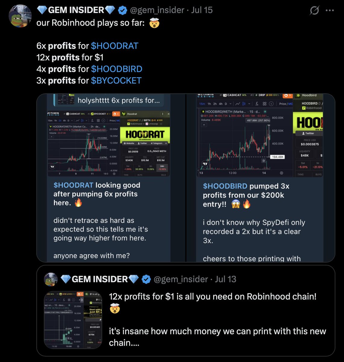 gem_insider's tweet photo. bull or bear market we print regardless!  🤯

$NOCK $2.3M -> $10M (4x profits)
$HOODRAT $2.6M -> $16M (6x profits)
$TRIPLET $1.7M -> $26M (15x)
$ALTSZN $2.5M -> $10M (4x)
$TROLL $21M -> $145M (7x)
$VIRL $1.9M -> $6M (3x)
$RKC $2.1M -> $10.5M (5x)
$AMERICA $670k -> $2.4M (3x)
$RAVE $0.3 -> $28 (94x)
$BULL $597k -> $11.4M (19x)
$ARIA $0.16 -> $1.5 (9x)
$BLESS $10M -> $70M (7x)
$SIREN $0.1 -> $4.6 (46x)
$LOL $1.6M -> $13M (8x)
$CHIBI $370k -> $9.5M (25x)
$PENGUIN $6M -> $162M (26x)

feel free to follow @gem_insider thanks!!