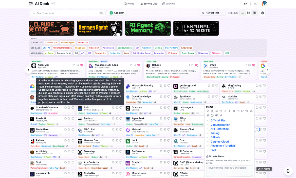 AIDeckApp's tweet photo. My AI tool list kept growing — daily drivers, ones to try — until I lost track.

So I built AI Deck: a bookmark manager for AI tools. Favorites, tags, personal notes. Free to use.

3 days until Product Hunt — Aug 4 🎴
https://t.co/KquyeLI91h

#buildinpublic #AItools https://t.co/j8aEXIrOQt