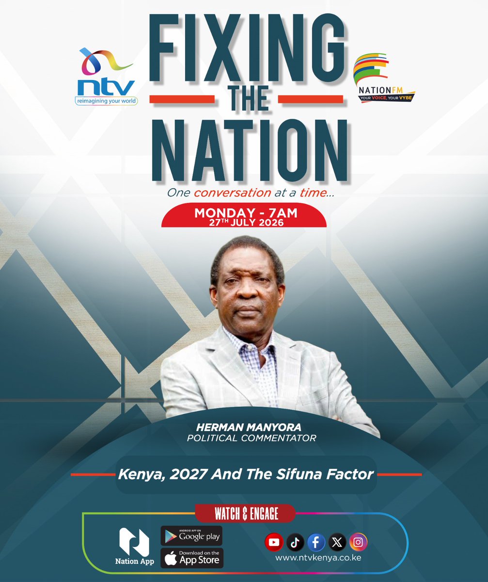 ntvkenya's tweet photo. This morning on #FixingTheNationNTV:

7 am: The Sifuna factor | Herman Manyora
8:30 am: CS Geoffrey Ruku | Promises vs performance 

Livestream on the Nation App, X, YouTube, Facebook 

@NationFmKE @EricLatiff @MariamBishar @blinkypenguin https://t.co/hMMf9odi60