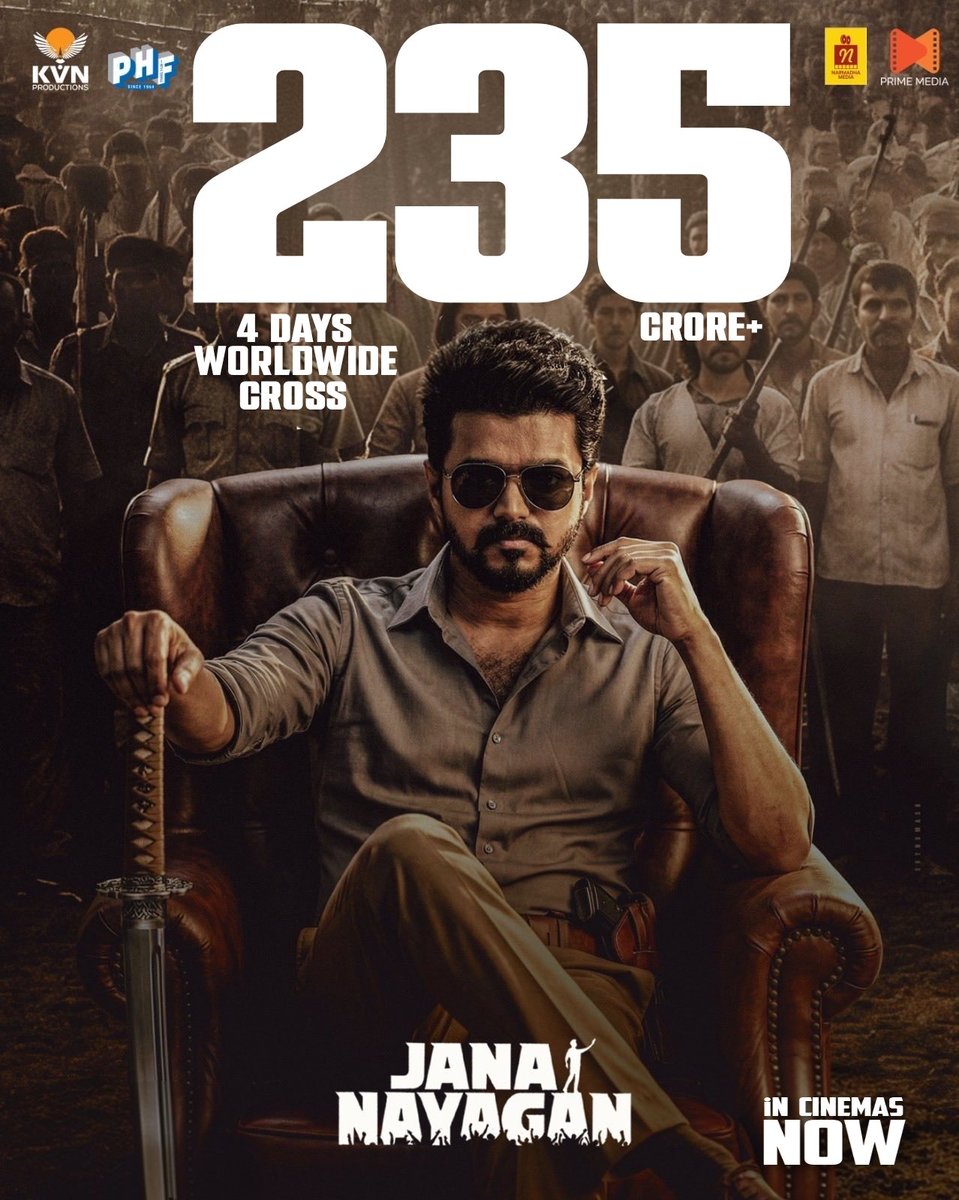 AsianBoxOffice's tweet photo. #JanaNayagan 4 Days worldwide Collection ₹235CR+ 🔥🔥🔥🔥🔥🔥

2026's Fastest ₹200CR Ever in Kollywood 🔥💥 
Our Honarable Tamilnadu CM @actorvijay 👑 https://t.co/fXCTUiFehA