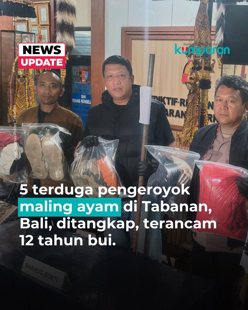 kumparan's tweet photo. Polisi menetapkan 5 orang sebagai tersangka kasus pengeroyokan terhadap terduga pelaku pencurian ayam berinisial KD di Tabanan, Bali, pada Senin (27/07). Tersangka tersebut berinisial MJ, WS, KB, ML, dan ND, yang semuanya laki-laki.

Kapolres Tabanan, AKBP I Putu Bayu Pati, mengungkapkan penyidik menetapkan kelima tersangka tersebut berdasarkan pemeriksaan dan interogasi yang intensif di Polsek Baturiti. Namun, tidak menutup kemungkinan jumlah tersangka akan bertambah seiring perkembangan hasil penyidikan.

"Berdasarkan hasil penyelidikan sementara, peristiwa tersebut dipicu oleh emosi sesaat setelah warga menangkap seseorang yang diduga melakukan pencurian dua ekor ayam, yang sebelumnya dinilai telah meresahkan masyarakat,” kata Bayu, Senin.

Polisi mengamankan sejumlah barang bukti berupa pakaian milik tersangka, sebatang besi, dan bambu yang digunakan untuk mengeroyok KD hingga tewas. Saat ini, Polres Tabanan berkoordinasi dengan Polres Buleleng untuk memantau perkembangan situasi dan mengambil langkah-langkah agar situasi keamanan tetap kondusif.

Para  tersangka dijerat dengan Pasal 262 ayat (1) dan ayat (4) KUHP mengenai tindak pidana kekerasan secara bersama-sama di muka umum yang mengakibatkan korban meninggal dunia. Ancaman hukuman berdasarkan pasal tersebut adalah pidana penjara paling lama 5 tahun (ayat 1) dan paling lama 12 tahun (ayat 4).

📸: Dok. Humas Polres Tabanan.

Baca selengkapnya dengan klik link di bio. Cari tahu berita update lainnya dengan download aplikasi kumparan di App Store atau Google Play.⁠
⁠
📝: newsupdate | update | news | oneliner | R018 | E164

#bicarafaktalewatberita #kumparan