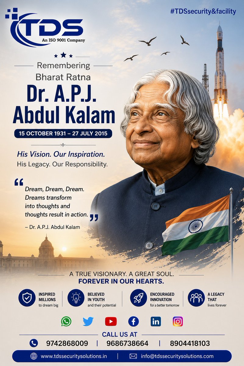 Tds_Fm's tweet photo. Remembering Bharat Ratna Dr. A.P.J. Abdul Kalam
 15 October 1931 – 27 July 2015
A visionary who inspired a nation to dream, innovate, and achieve. His legacy continues to guide generations.
#RememberingKalam #DrAPJAbdulKalam #MissileManOfIndia #BharatRatna #PeoplesPresident https://t.co/i6KrPj7wNr