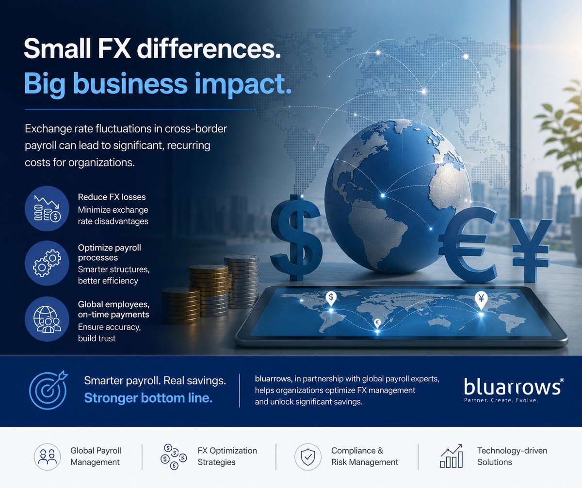 bluarrowsme's tweet photo. Reduce Hidden FX Costs in Global Payroll

Cross-border payroll can create recurring foreign exchange losses when companies fund salaries in one currency and employees are paid in another. Across multiple markets and large workforces, these costs can significantly affect profitability.

Through bluarrows and our strategic payroll partner, Mynd Integrated Solutions Pvt. Ltd., organizations can explore efficient global payroll structures, optimized FX processes and reliable cross-border salary solutions.

Reviewing your payroll and currency-conversion process could reveal valuable opportunities to reduce costs while ensuring employees are paid accurately and on time.

Contact bluarrows to explore smarter global payroll solutions.

#bluarrows #GlobalPayroll #CrossBorderPayroll #FXManagement #PayrollSolutions #BusinessEfficiency #CostOptimization #MyndIntegratedSolutions