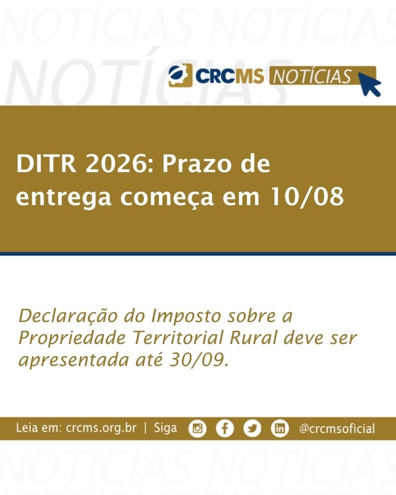 crcmsoficial's tweet photo. As regras para a apresentação da Declaração do Imposto sobre a Propriedade Territorial Rural (DITR) 2026 foram publicadas pela Receita Federal na Instrução Normativa RFB nº 2.330, de 22 de junho de 2026. 
Saiba mais em: https://t.co/KSeBN8JG3x https://t.co/C9VZXEwg2a