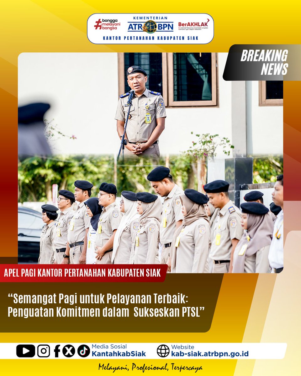 cutiestar45's tweet photo. Siak, 27 Juli 2026 — Kantah Kabupaten Siak menyelenggarakan Apel Pagi rutin bertempat di halaman kantor, dipimpin langsung oleh Kasi PHP, Bapak Rio Yan Asrido, S.H., M.H., serta diikuti oleh seluruh jajaran. Selengkapnya di : https://t.co/lE7gGX6Yv8 https://t.co/LcNC5sFrru
