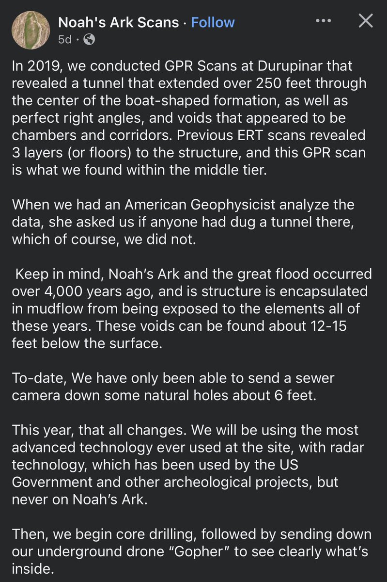 TRHLofficial's tweet photo. This year, Scientists are sending an underground drone called “Gopher” into what they believe is to be the petrified remnants of Noah’s Ark.
Ironically, “Gopher wood" is the mysterious material specified in Genesis 6:14 where God commands Noah to build the Ark. https://t.co/vQRFWsIC13