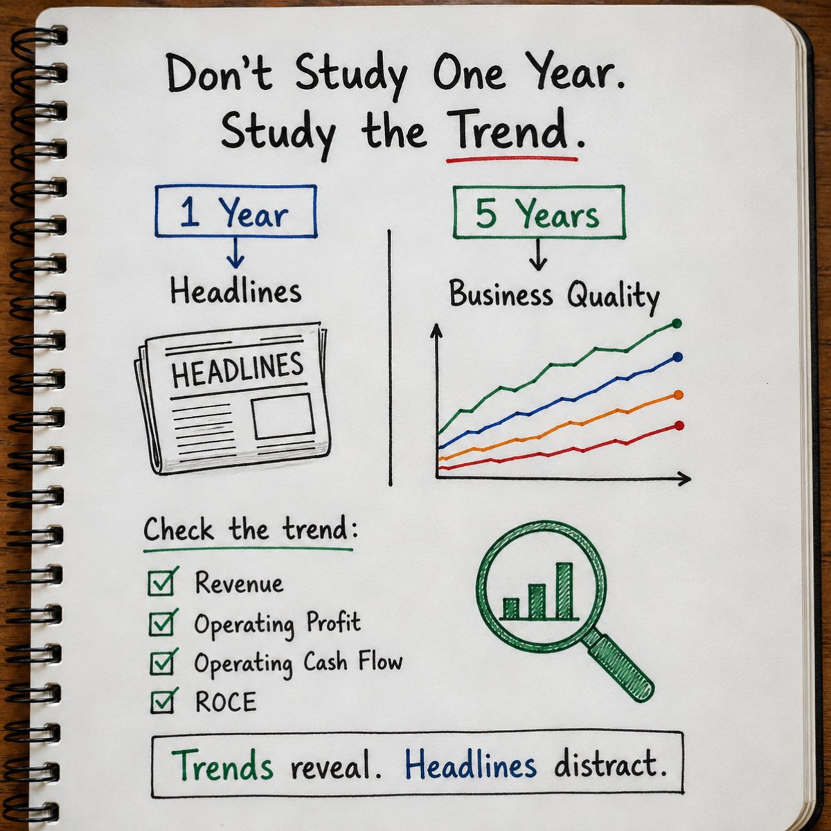 finnotebook1's tweet photo. Most investors judge a business by one year's numbers. 
Smart investors study the trend over 5-10 years. 

That's where business quality becomes visible. 

Today's thread shows the simple 5-minute framework to spot business quality before the market does

 #Investing #StockMarket https://t.co/oM5lyMxsyg