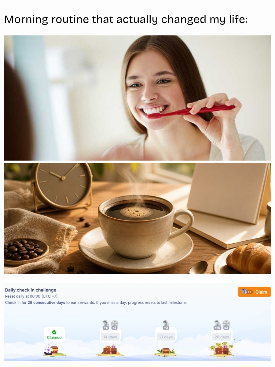 BeincomOfficial's tweet photo. Morning routine that actually changed my life:
βοΈ wake up
β coffee
β
Beincom daily check-in (10 seconds, still counts as a habit)
Consistency is consistency π
#Beincom #BICToken #AirdropBIC https://t.co/RBZecsDhk6